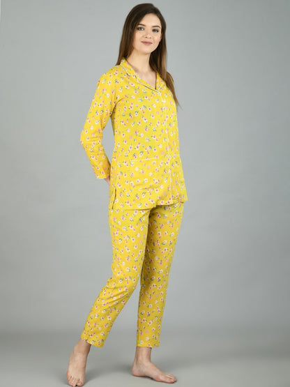Women's Yellow Cotton Printed Full Sleeve Shirt Collar Casual Shirt Pyjama Set