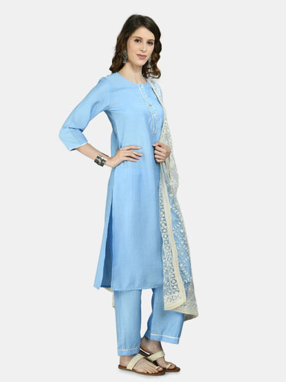 Women's Blue Cotton Solid 3/4 Sleeve Round Neck Casual Kurta Pant Dupatta Set