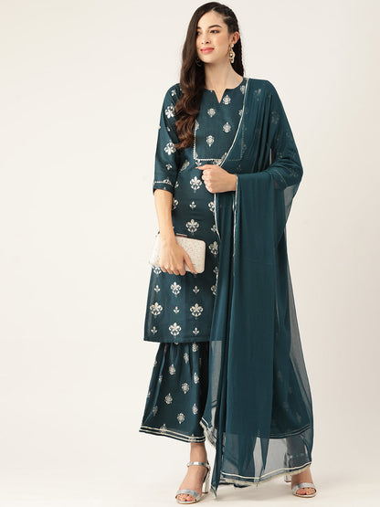 Women's Dark Rama Color Rayon Blend Printed Kurta Sharara With Dupatta