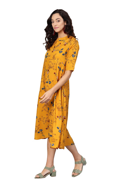 Women's Yellow Crepe Printed Short Sleeve Collar Neck Dress