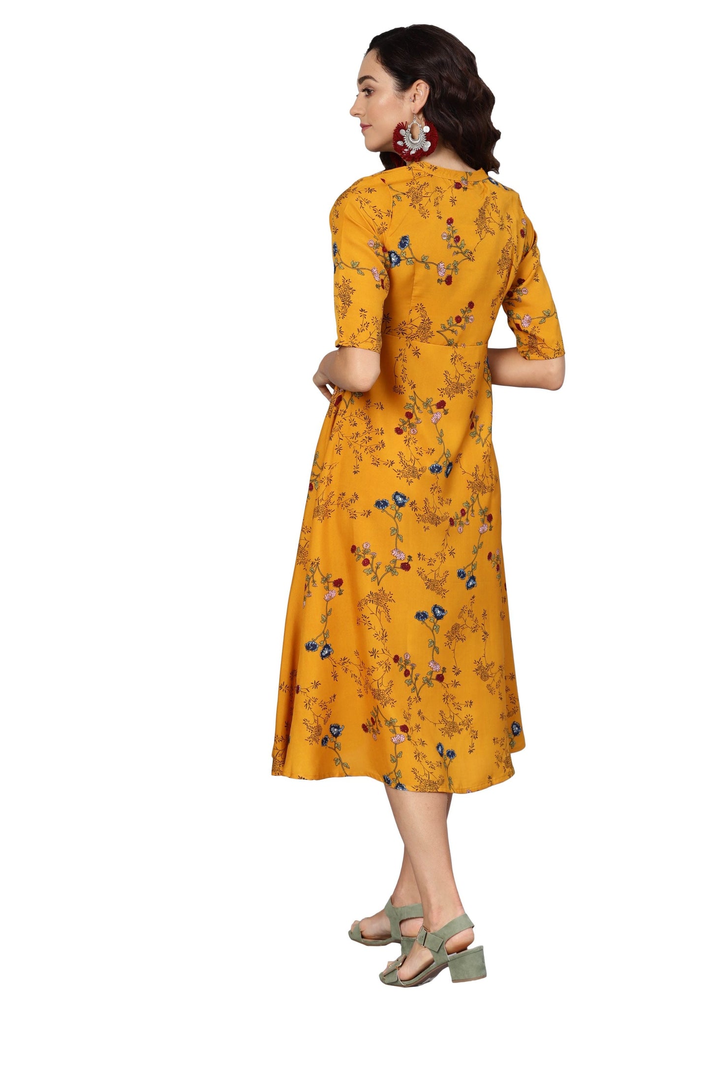 Women's Yellow Crepe Printed Short Sleeve Collar Neck Dress