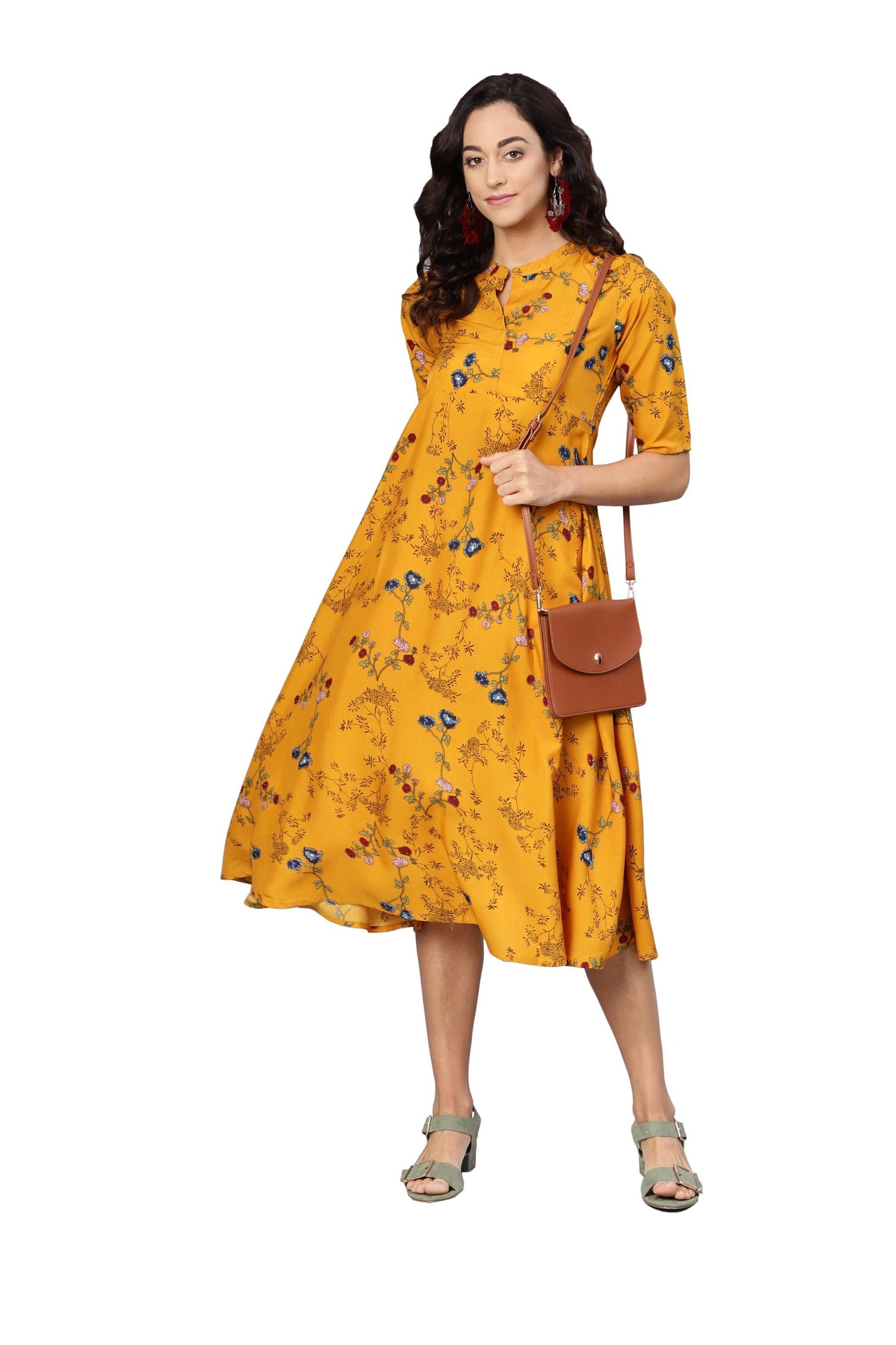 Women's Yellow Crepe Printed Short Sleeve Collar Neck Dress