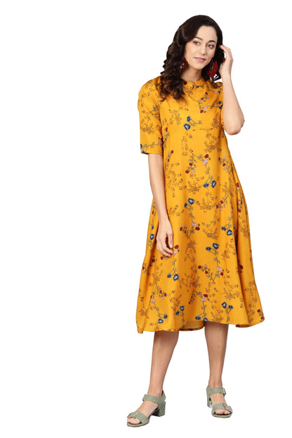 Women's Yellow Crepe Printed Short Sleeve Collar Neck Dress