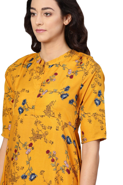 Women's Yellow Crepe Printed Short Sleeve Collar Neck Dress