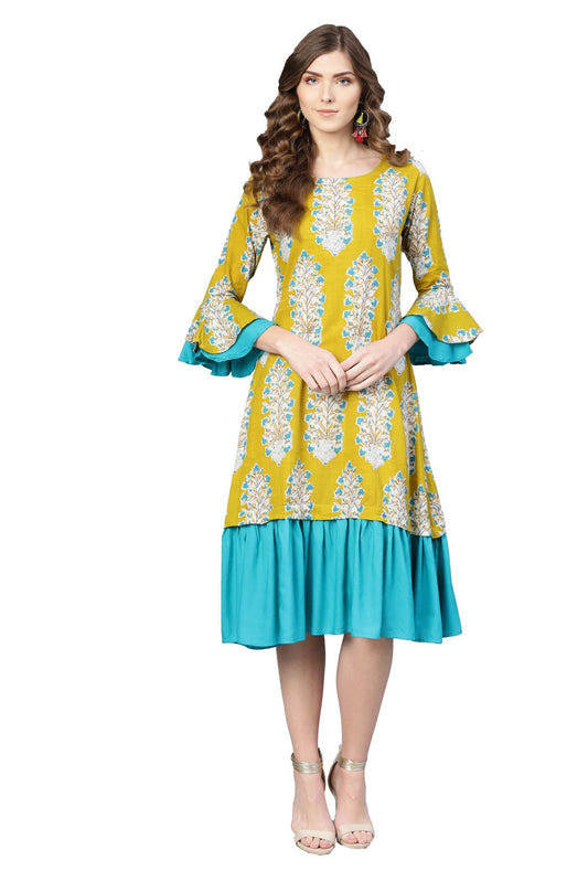Women's Yellow Cotton Printed Bell Sleeve Round Neck Dress
