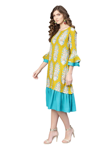 Women's Yellow Cotton Printed Bell Sleeve Round Neck Dress