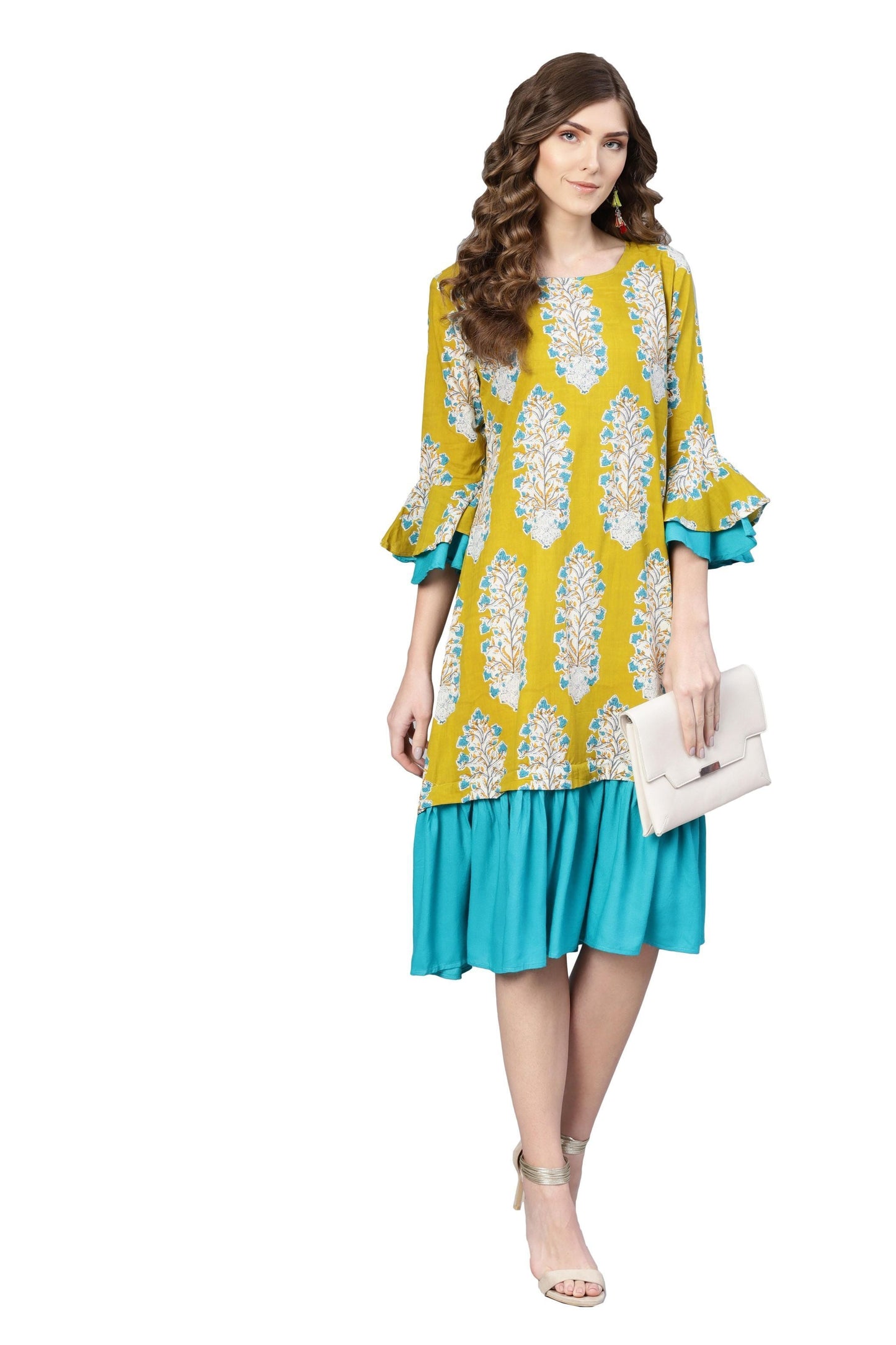 Women's Yellow Cotton Printed Bell Sleeve Round Neck Dress