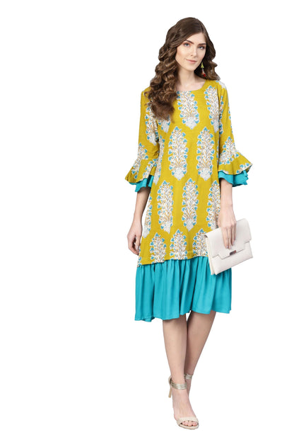 Women's Yellow Cotton Printed Bell Sleeve Round Neck Dress