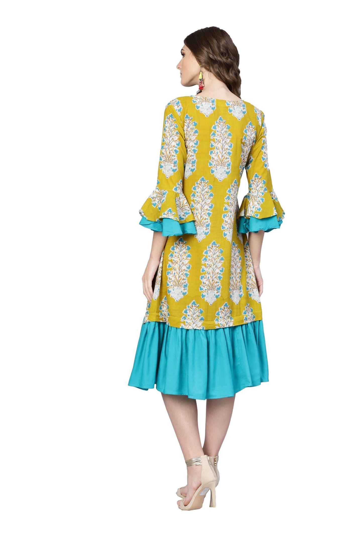 Women's Yellow Cotton Printed Bell Sleeve Round Neck Dress