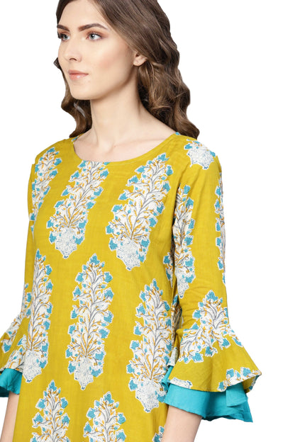 Women's Yellow Cotton Printed Bell Sleeve Round Neck Dress