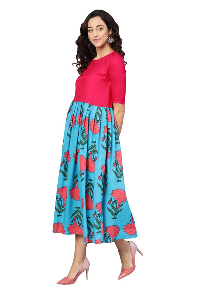 Women's Pink & Sky Blue Cotton Printed Raglan Sleeve Round Neck Dress
