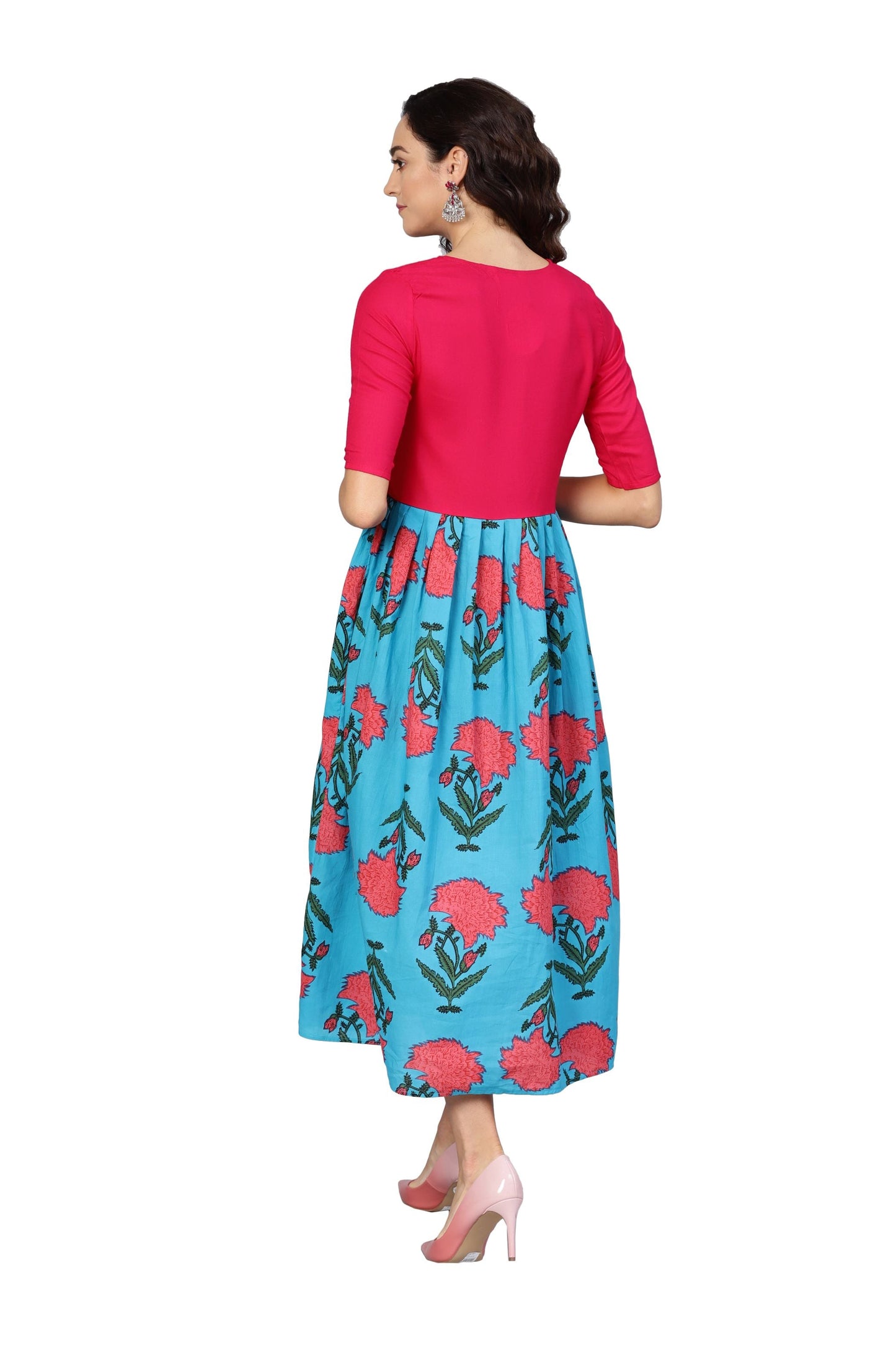 Women's Pink & Sky Blue Cotton Printed Raglan Sleeve Round Neck Dress