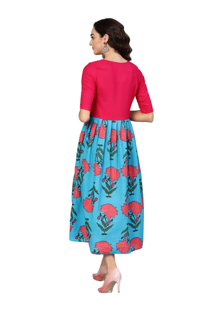 Women's Pink & Sky Blue Cotton Printed Raglan Sleeve Round Neck Dress