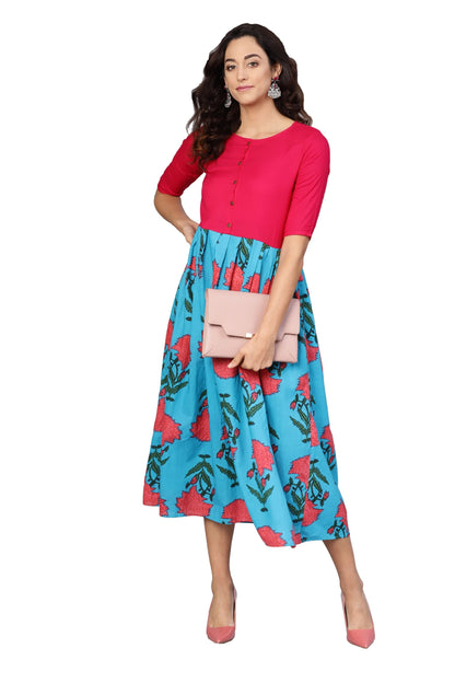 Women's Pink & Sky Blue Cotton Printed Raglan Sleeve Round Neck Dress