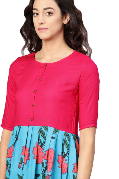 Women's Pink & Sky Blue Cotton Printed Raglan Sleeve Round Neck Dress