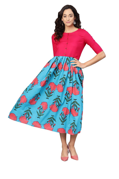 Women's Pink & Sky Blue Cotton Printed Raglan Sleeve Round Neck Dress