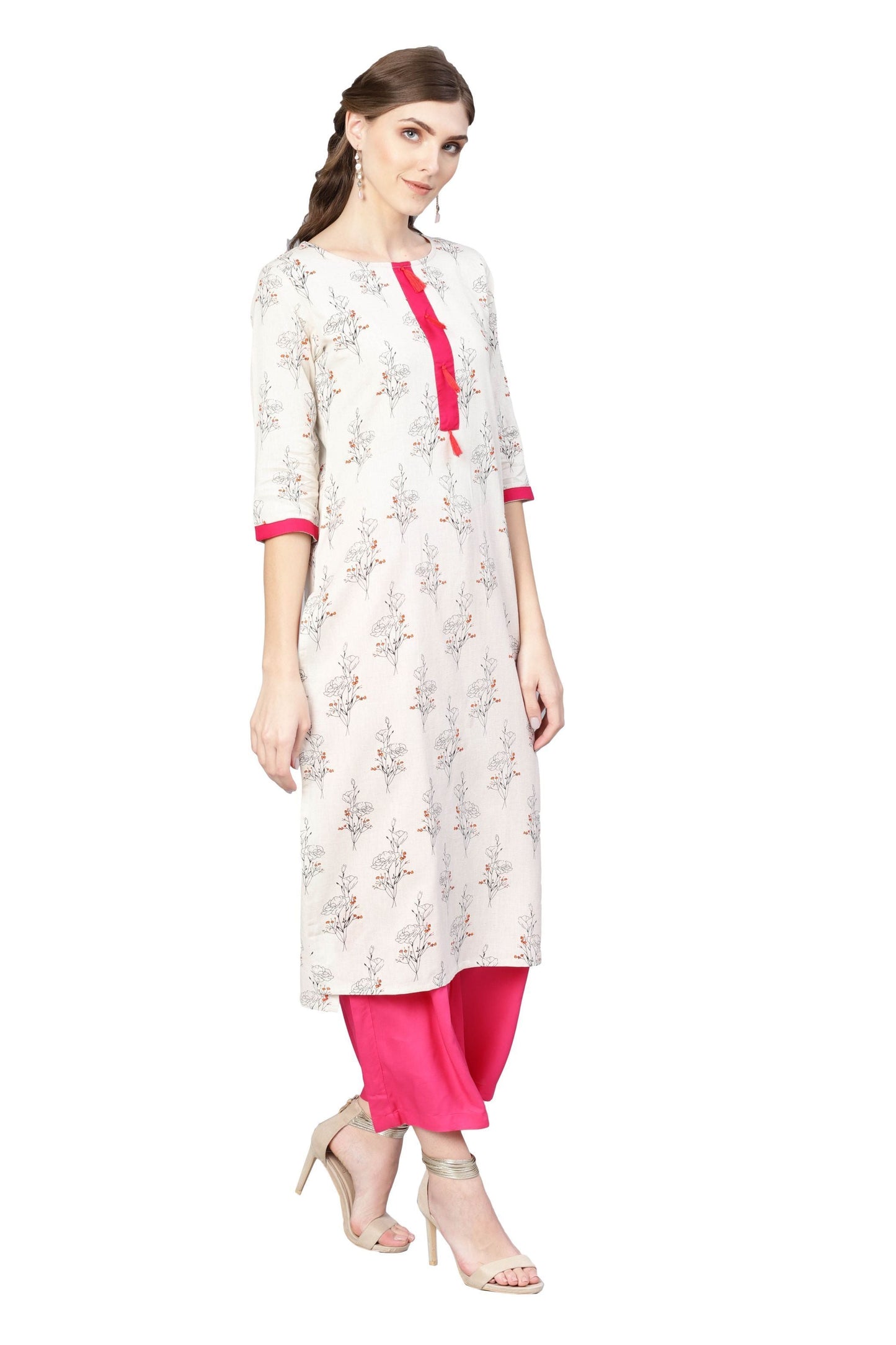 Women's Off White Cotton Printed Half Sleeve Round Neck Dress