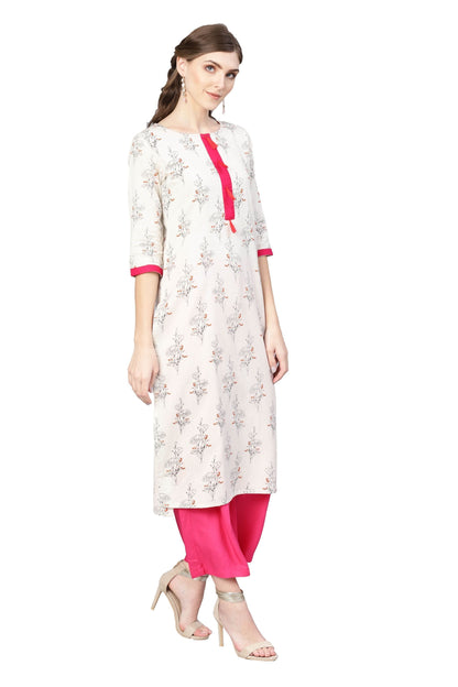 Women's Off White Cotton Printed Half Sleeve Round Neck Dress