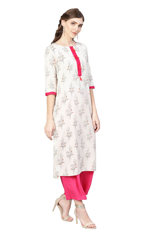 Women's Off White Cotton Printed Half Sleeve Round Neck Dress