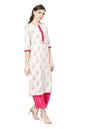 Women's Off White Cotton Printed Half Sleeve Round Neck Dress