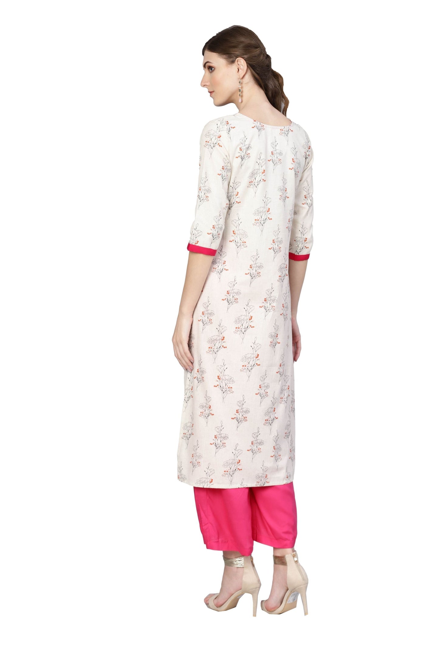 Women's Off White Cotton Printed Half Sleeve Round Neck Dress