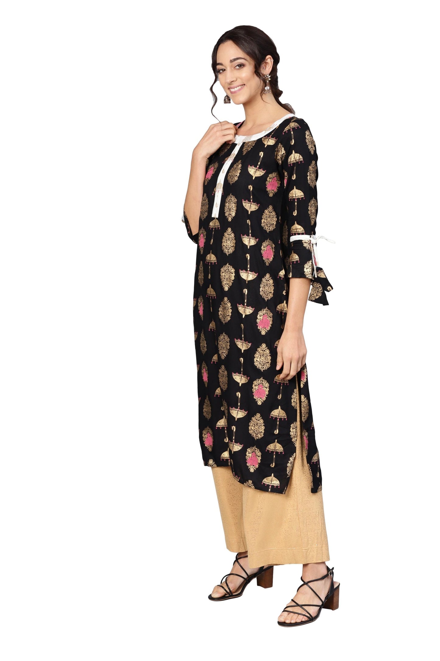 Women's Black Rayon Printed 3/4 Sleeve Round Neck Dress