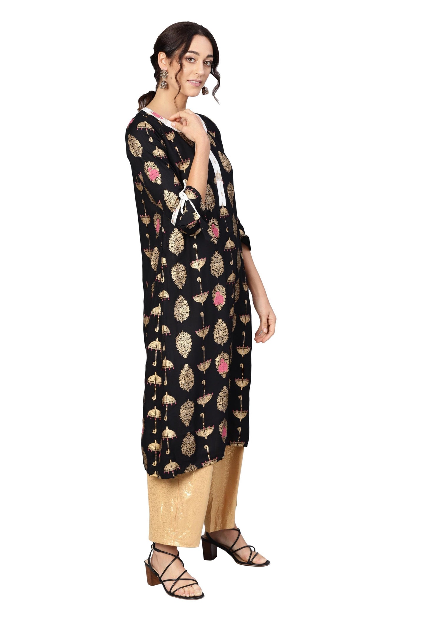 Women's Black Rayon Printed 3/4 Sleeve Round Neck Dress