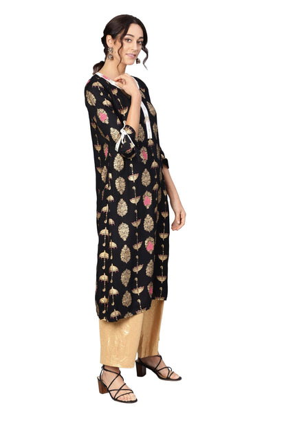 Women's Black Rayon Printed 3/4 Sleeve Round Neck Dress