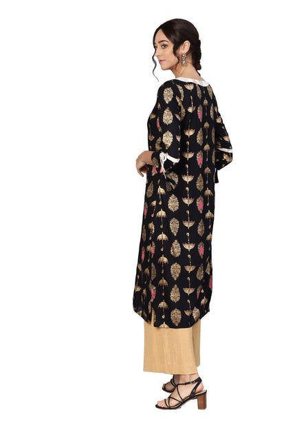 Women's Black Rayon Printed 3/4 Sleeve Round Neck Dress