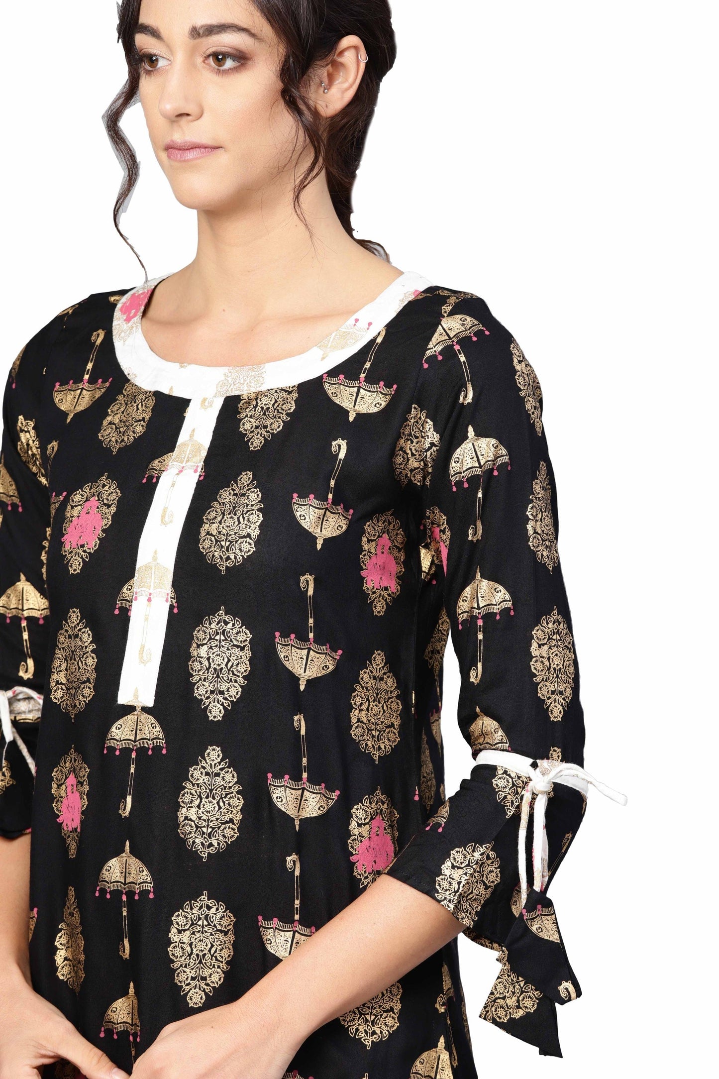 Women's Black Rayon Printed 3/4 Sleeve Round Neck Dress