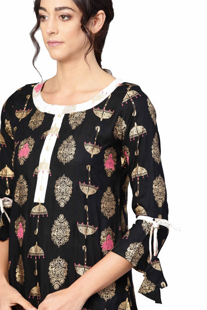 Women's Black Rayon Printed 3/4 Sleeve Round Neck Dress