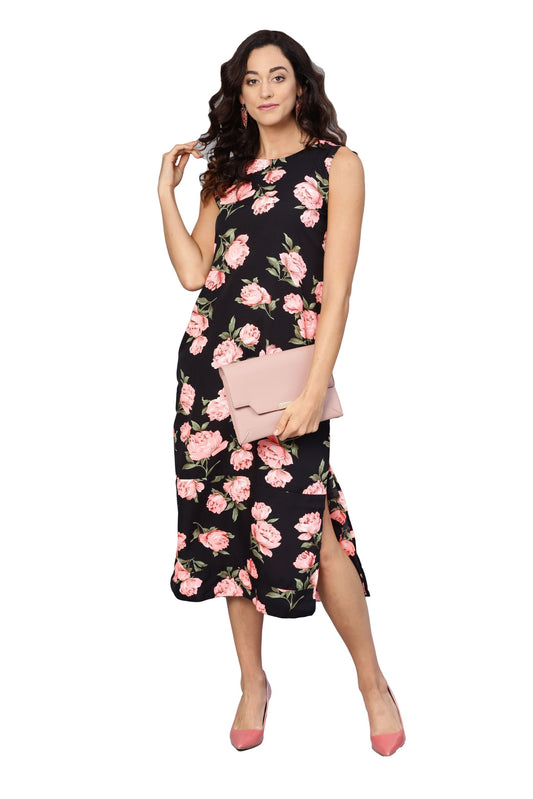 Women's Black & Pink Poly Crepe Printed Sleveeless Round Neck Dress