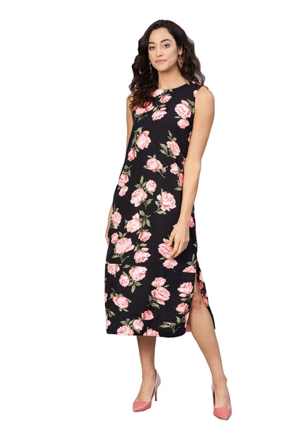 Women's Black & Pink Poly Crepe Printed Sleveeless Round Neck Dress