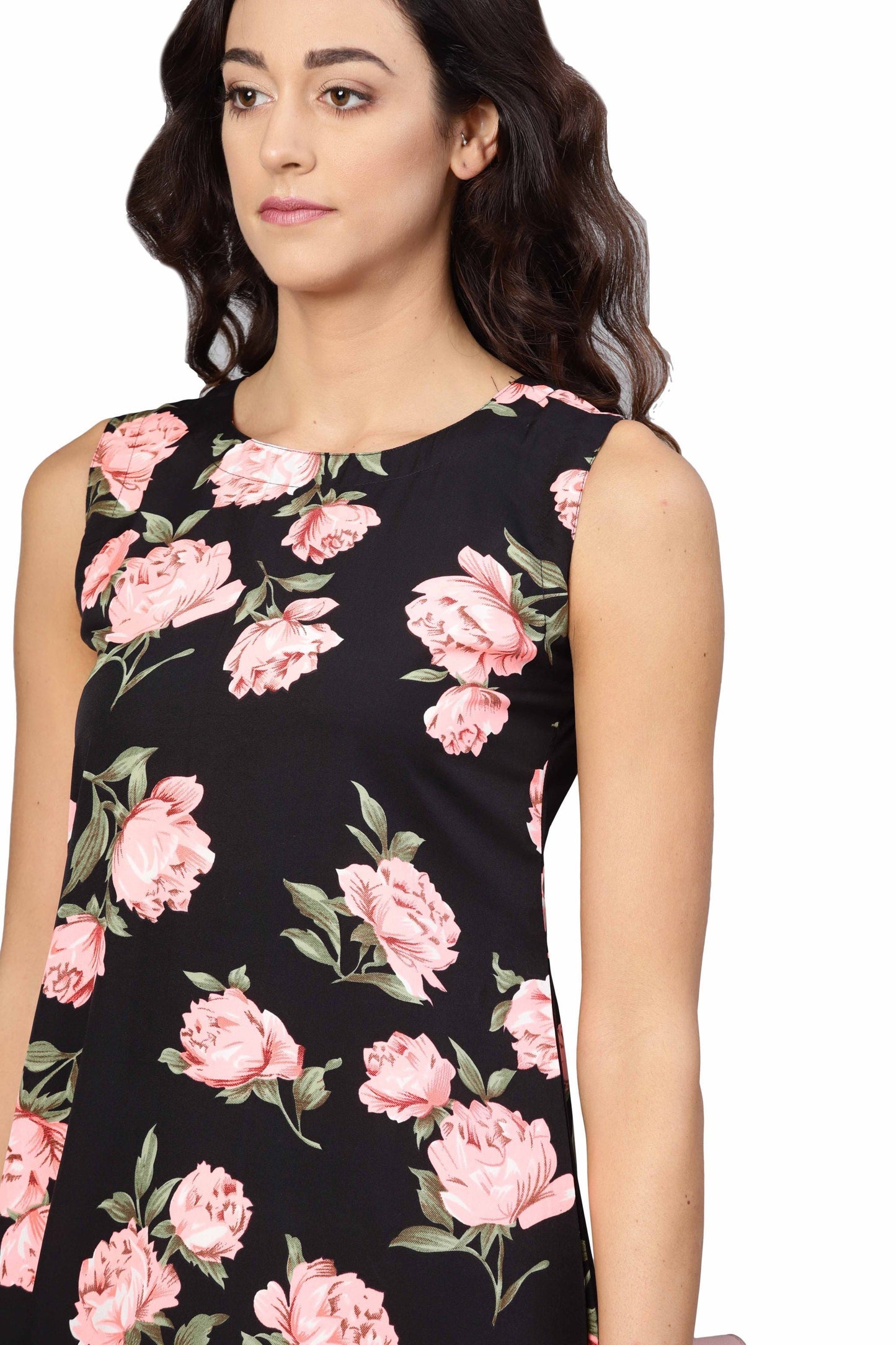 Women's Black & Pink Poly Crepe Printed Sleveeless Round Neck Dress