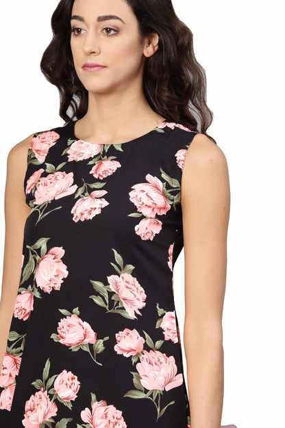 Women's Black & Pink Poly Crepe Printed Sleveeless Round Neck Dress