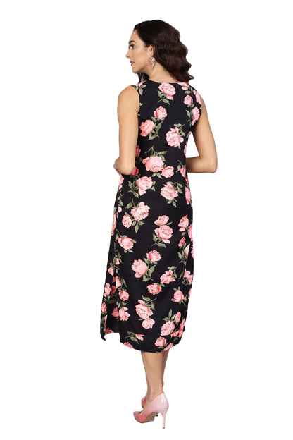 Women's Black & Pink Poly Crepe Printed Sleveeless Round Neck Dress