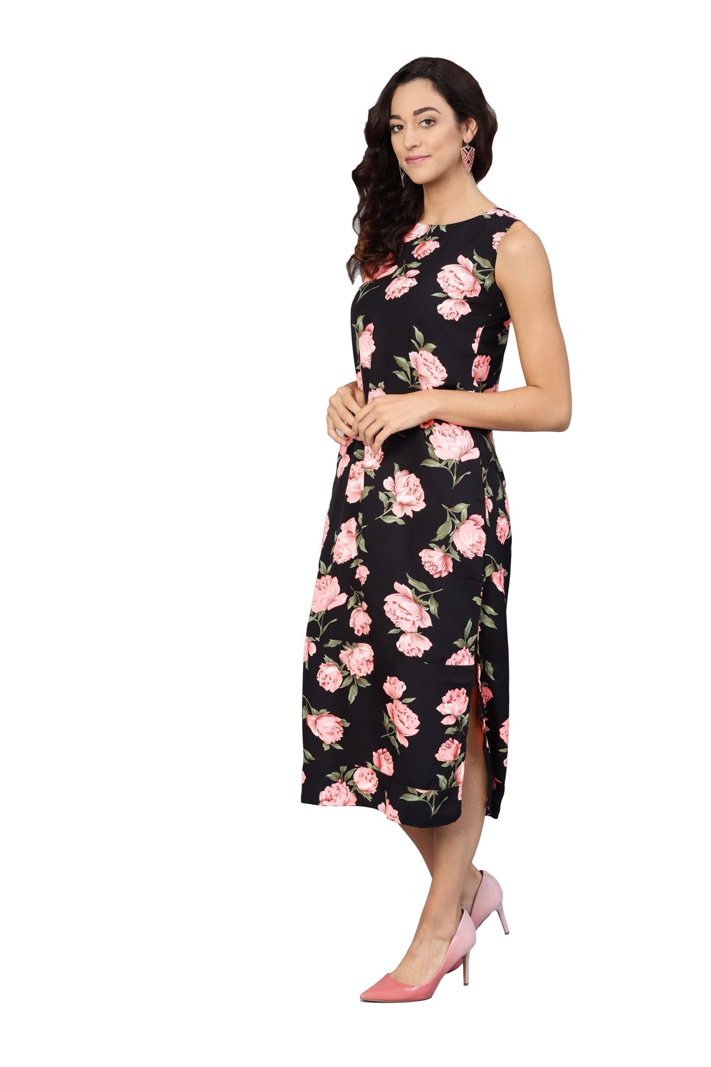 Women's Black & Pink Poly Crepe Printed Sleveeless Round Neck Dress