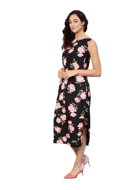 Women's Black & Pink Poly Crepe Printed Sleveeless Round Neck Dress