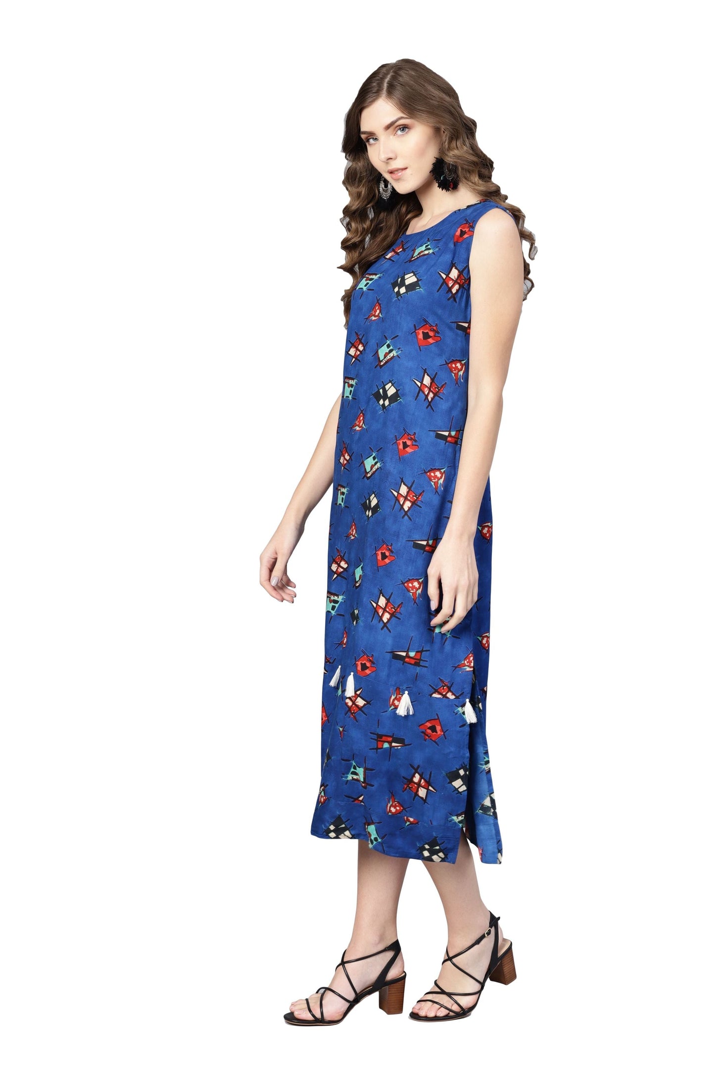 Women's Blue Rayon Printed Sleveeless Round Neck Dress