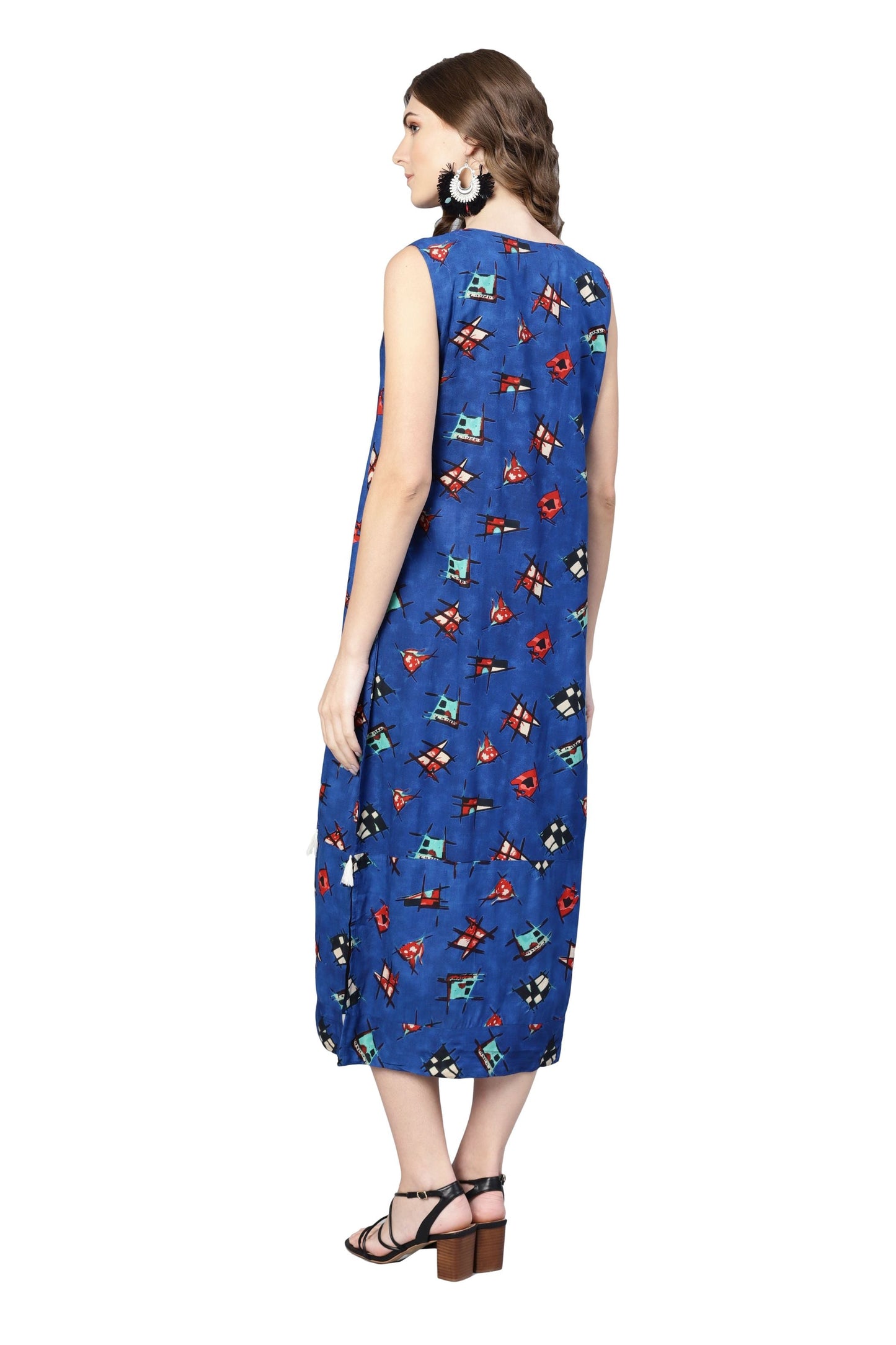 Women's Blue Rayon Printed Sleveeless Round Neck Dress