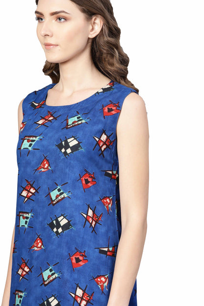 Women's Blue Rayon Printed Sleveeless Round Neck Dress