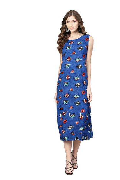 Women's Blue Rayon Printed Sleveeless Round Neck Dress
