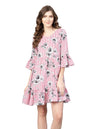 Women's Pink Poly Crepe Printed Bell Sleeve Round Neck Dress