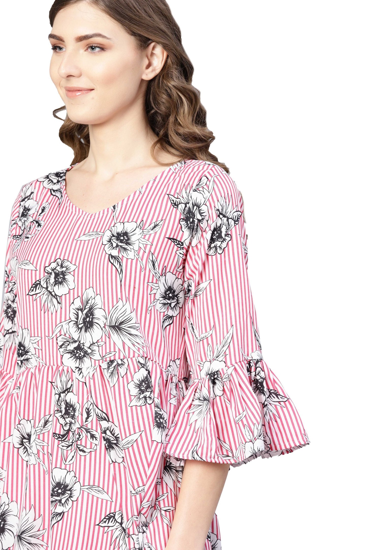 Women's Pink Poly Crepe Printed Bell Sleeve Round Neck Dress