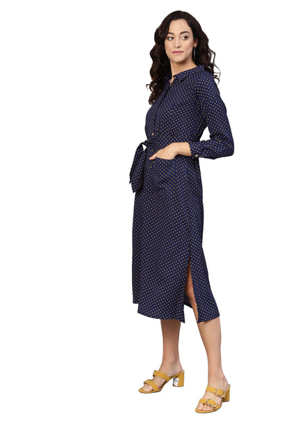 Women's Navy Blue Poly Crepe Solid 3/4 Sleeve Collar Neck Dress