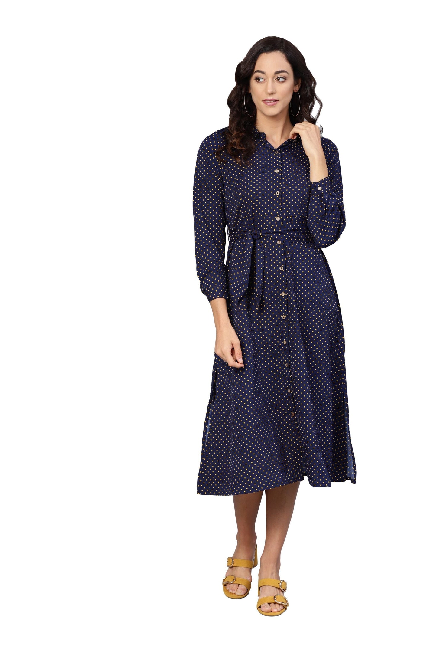 Women's Navy Blue Poly Crepe Solid 3/4 Sleeve Collar Neck Dress