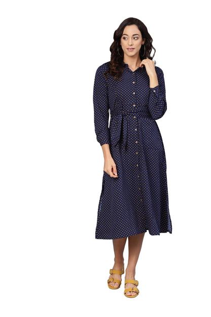 Women's Navy Blue Poly Crepe Solid 3/4 Sleeve Collar Neck Dress