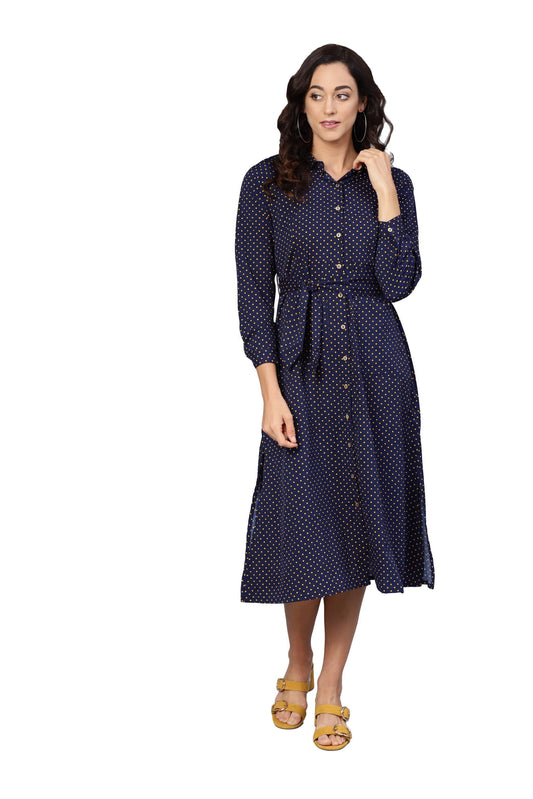 Women's Navy Blue Poly Crepe Solid 3/4 Sleeve Collar Neck Dress