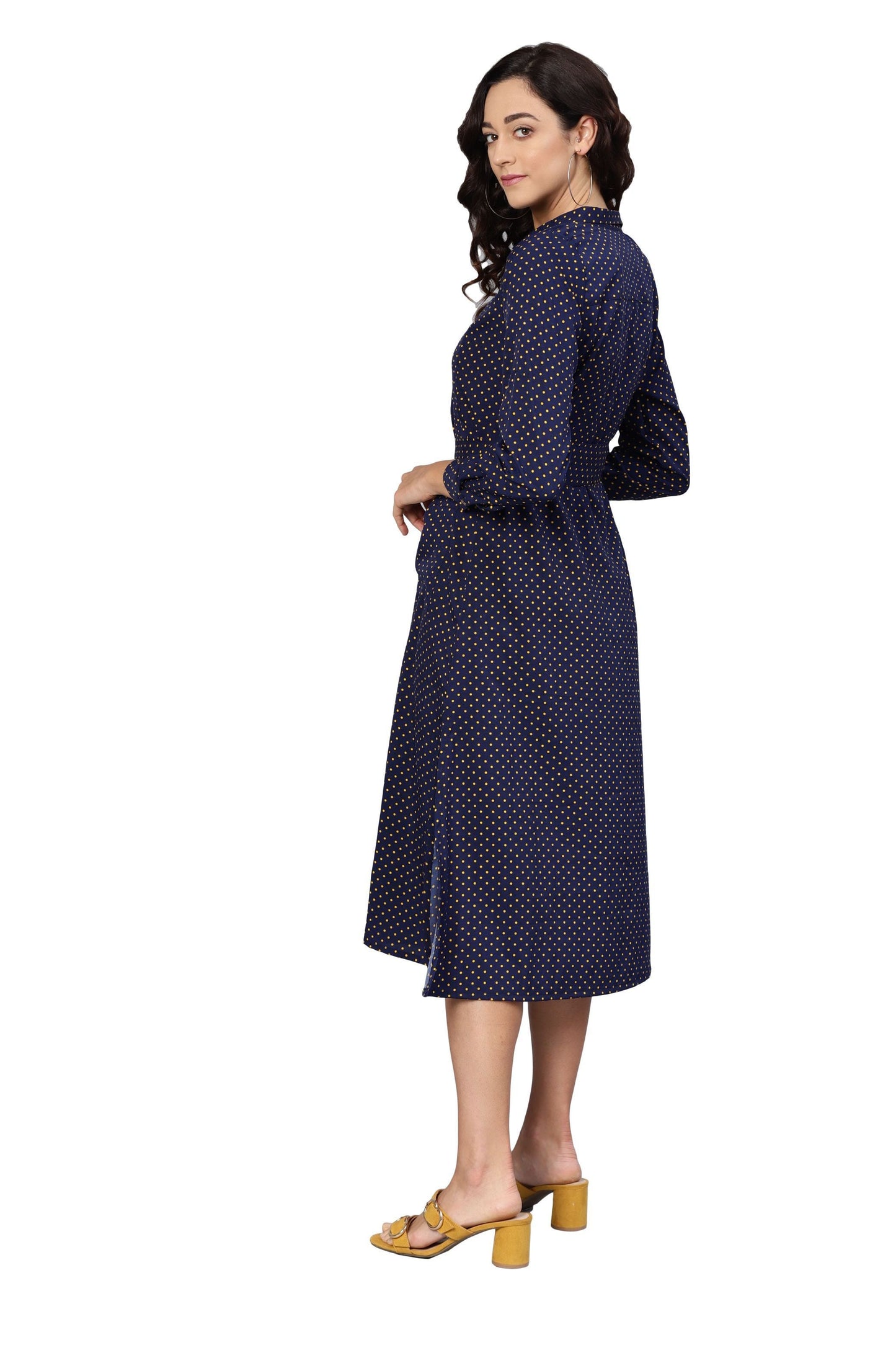 Women's Navy Blue Poly Crepe Solid 3/4 Sleeve Collar Neck Dress