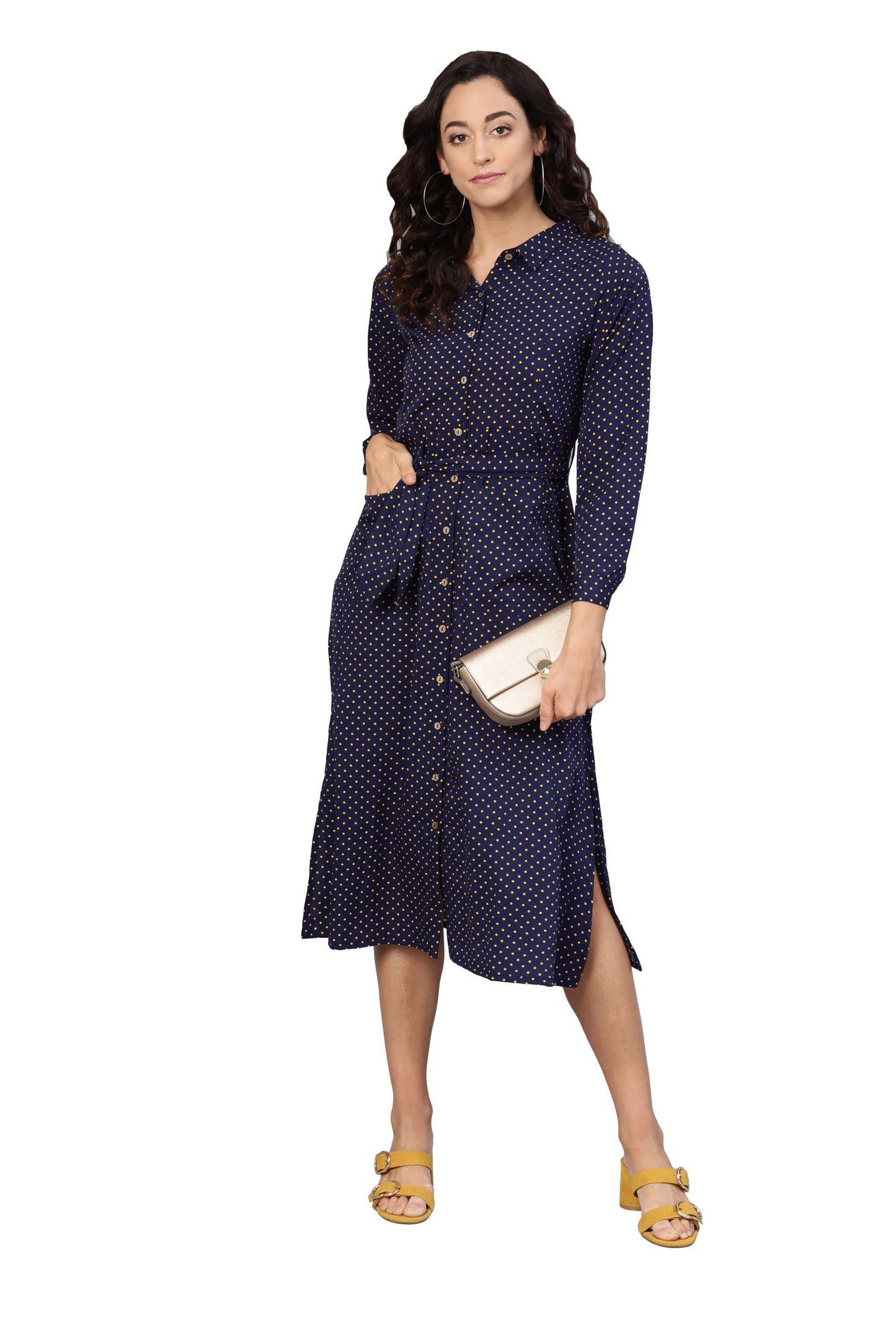 Women's Navy Blue Poly Crepe Solid 3/4 Sleeve Collar Neck Dress